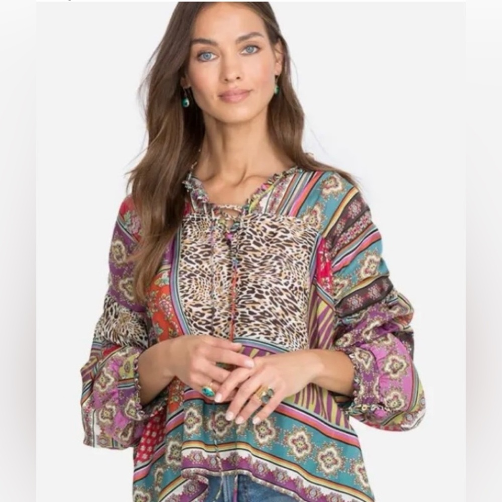 * New Johnny Was SILK Patch Finn Blouse SZ Small Oversized Fit *